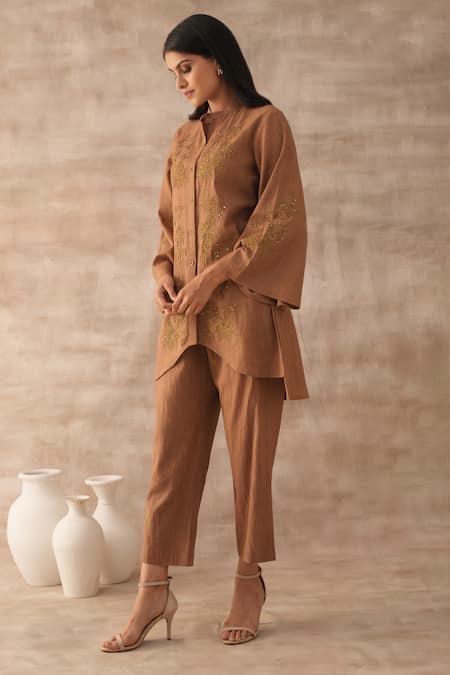 VARUN CHHABRA Brown Cotton Slub Embroidered Dori Round Floral Tunic And Pant Set 