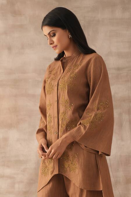 Shop Varun Chhabra Brown Cotton Slub Embroidered Dori Round Floral Tunic And Pant Set at Aza Fashions Shop_Varun Chhabra_Brown Cotton Slub Embroidered Dori Round Floral Tunic And Pant Set_at_Aza_Fashions