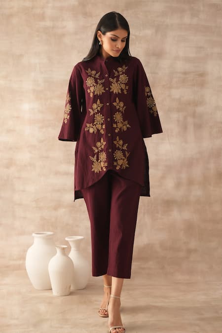 VARUN CHHABRA Asymmetric Thread Embroidered Tunic & Pant Set 