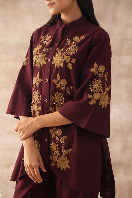 Buy_Varun Chhabra_Maroon Cotton Slub Embroidered Dori Round Asymmetric Thread Tunic And Pant Set_Online_at_Aza_Fashions