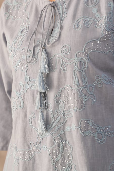 Varun Chhabra_Grey Cotton Slub Embroidered Dori Round Tunic And Pant Set_Online_at_Aza_Fashions