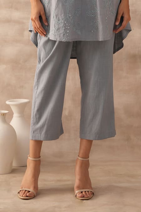 Buy_Varun Chhabra_Grey Cotton Slub Embroidered Dori Round Tunic And Pant Set_Online_at_Aza_Fashions