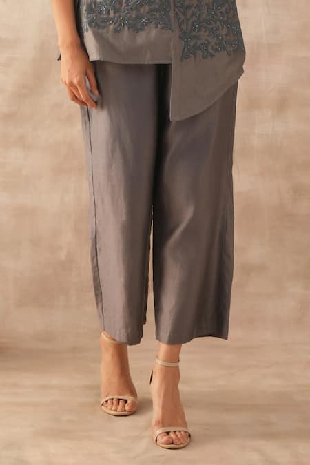 Varun Chhabra_Grey Chanderi Embroidered Dori Band Collar Tunic And Pant Set_Online_at_Aza_Fashions