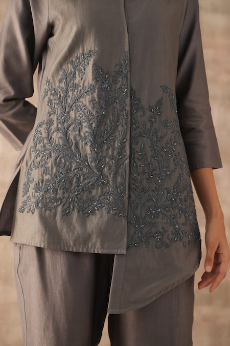 Buy_Varun Chhabra_Grey Chanderi Embroidered Dori Band Collar Tunic And Pant Set_Online_at_Aza_Fashions