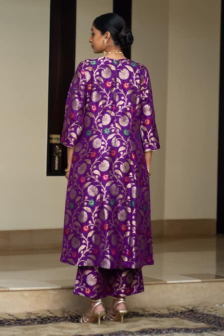 Shop_Sobariko_Purple Silk Lace, Embroidery Round Neck Handwoven Straight Kurta Pant Set _at_Aza_Fashions
