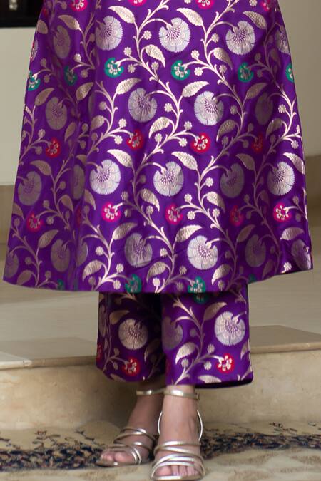 Sobariko_Purple Silk Lace, Embroidery Round Neck Handwoven Straight Kurta Pant Set _at_Aza_Fashions