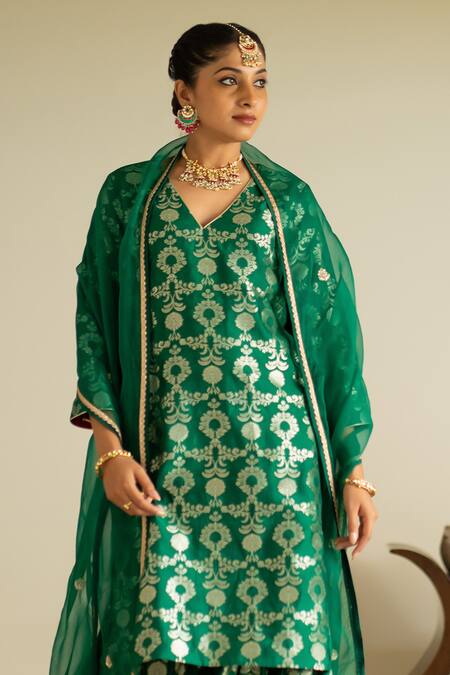 Shop SOBARIKO Green Silk Embroidery V-neck Jaal Weave Straight Kurta Sharara Set Online at Aza Fashions Shop_SOBARIKO_Green Silk Embroidery V-neck Jaal Weave Straight Kurta Sharara Set_Online_at_Aza_Fashions