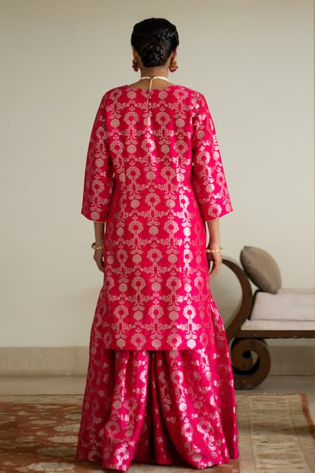 Shop_Sobariko_Pink Silk Embroidery V-neck Jaal Motif Kurta Sharara Set _at_Aza_Fashions