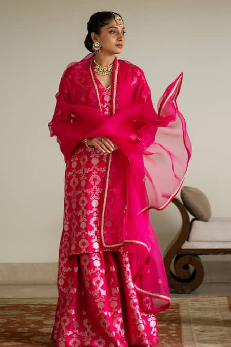 Sobariko_Pink Silk Embroidery V-neck Jaal Motif Kurta Sharara Set _Online_at_Aza_Fashions