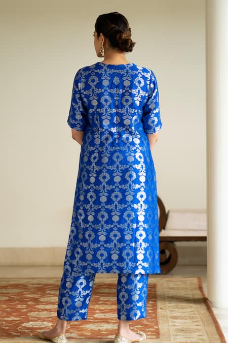 Shop_Sobariko_Blue Silk Embroidery Round Neck Jaal Motif Woven Kurta Pant Set _at_Aza_Fashions