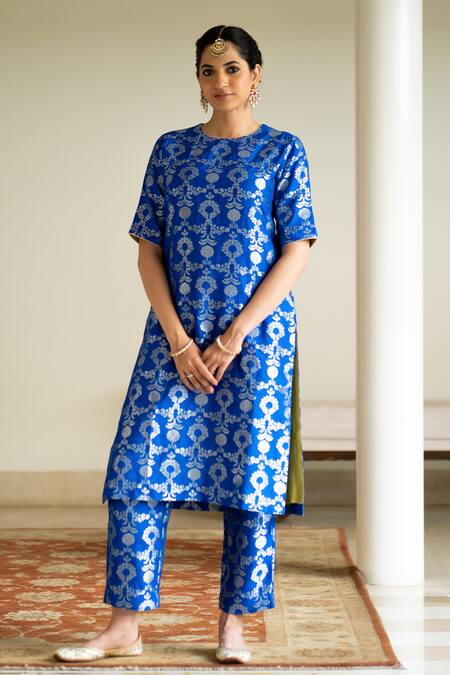 Shop_Sobariko_Blue Silk Embroidery Round Neck Jaal Motif Woven Kurta Pant Set _Online_at_Aza_Fashions