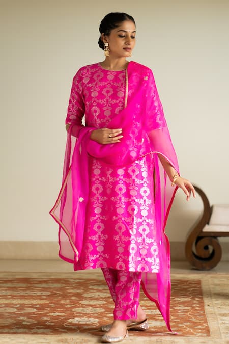 Shop_Sobariko_Pink Silk Hand Embroidered Jaal Round Woven Kurta Set  _Online_at_Aza_Fashions