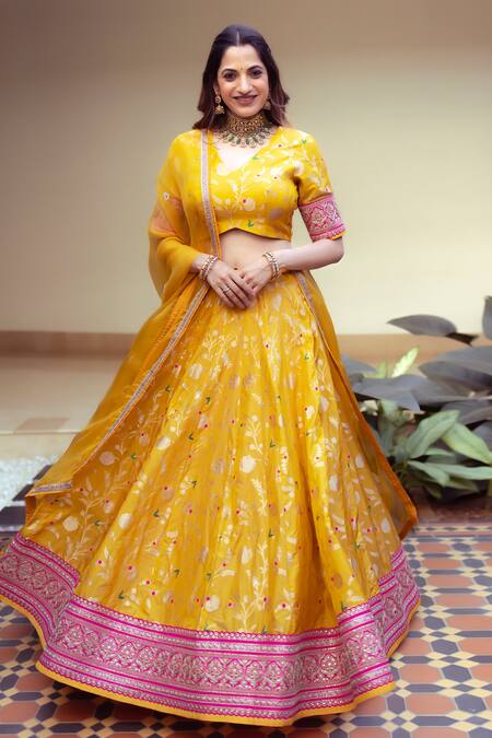 Shop_SOBARIKO_Yellow Brocade, Silk Embroidery, Lace V-neck Floral Jaal Lehenga Set_Online_at_Aza_Fashions