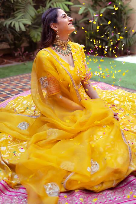 SOBARIKO_Yellow Brocade, Silk Embroidery, Lace V-neck Floral Jaal Lehenga Set_at_Aza_Fashions