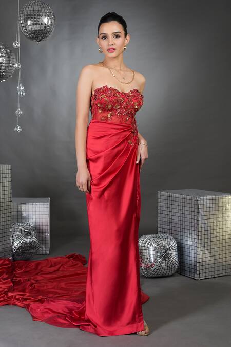 Talking Threads_Red Satin Sequins, Beads, Cut Work Madonna Gardenia Embellished Draped Gown _Online_at_Aza_Fashions