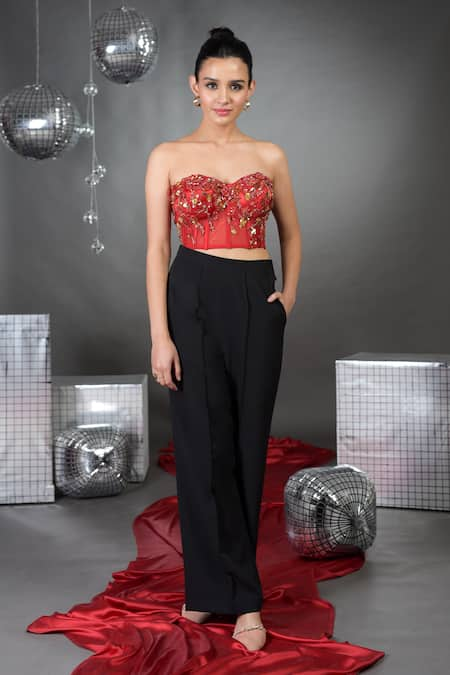 Talking Threads Red Corset Pure Satin Embellished Sequins Gardenia Bloom With Pant  