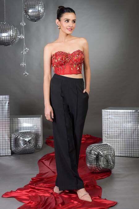 Shop_Talking Threads_Red Satin, Crepe Sequins, Beads Gardenia Bloom Embellished Corset With Pant _Online_at_Aza_Fashions