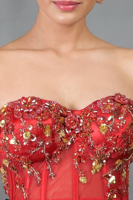 Talking Threads_Red Satin Sequins, Beads, Stones Off-shoulder Gardenia Bloom Embellished Corset _Online_at_Aza_Fashions
