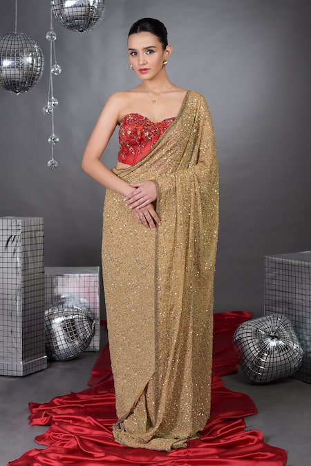 Talking Threads Gold Chiffon Embellished Sequins Encrusted Saree With Bloom Corset  