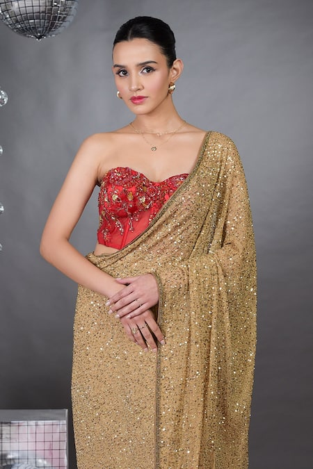 Talking Threads Gold Chiffon, Satin Sequins, Encrusted Saree With Bloom Embellished Corset Online at Aza Fashions Talking Threads_Gold Chiffon, Satin Sequins, Encrusted Saree With Bloom Embellished Corset _Online_at_Aza_Fashions