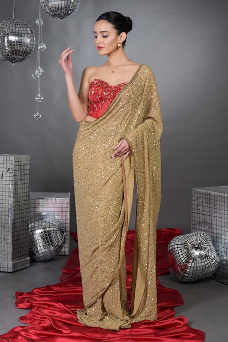 Buy Talking Threads Gold Chiffon, Satin Sequins, Encrusted Saree With Bloom Embellished Corset Online at Aza Fashions Buy_Talking Threads_Gold Chiffon, Satin Sequins, Encrusted Saree With Bloom Embellished Corset _Online_at_Aza_Fashions