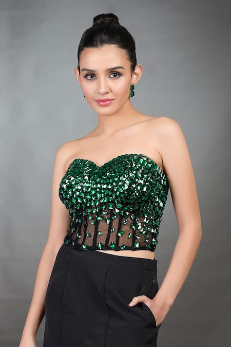 Talking Threads_Green Tulle Rhinestones Off-shoulder Emerald Embellished Corset _Online_at_Aza_Fashions
