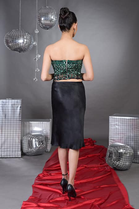 Talking Threads_Green Tulle Rhinestones Off-shoulder Emerald Embellished Corset _at_Aza_Fashions