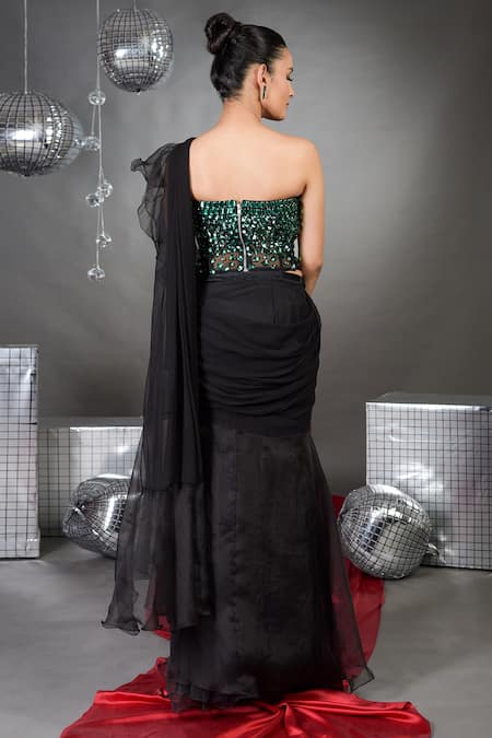 Talking Threads Soild Pre-Draped Ruffle Saree With Emerald Rhinestone Embellished Corset