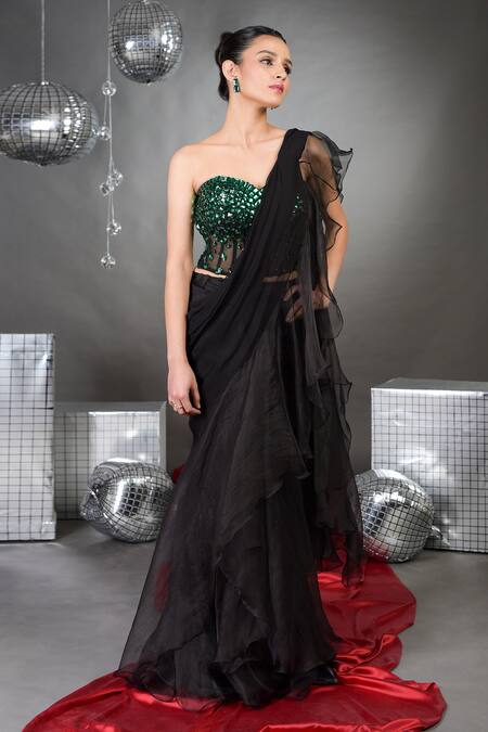 Talking Threads_Black Silk Soild Pre-draped Ruffle Saree With Emerald Embellished Corset _Online_at_Aza_Fashions