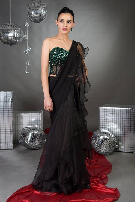 Buy_Talking Threads_Black Silk Soild Pre-draped Ruffle Saree With Emerald Embellished Corset _Online_at_Aza_Fashions