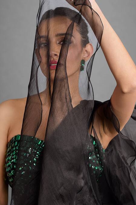 Shop_Talking Threads_Black Silk Soild Pre-draped Ruffle Saree With Emerald Embellished Corset _Online_at_Aza_Fashions