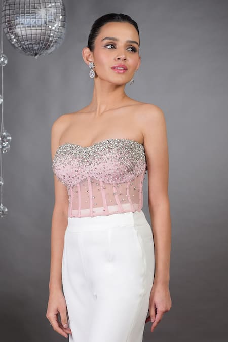 Talking Threads Pink Tulle Embellished Crystals Off Shoulder Amor And Pearl Corset  