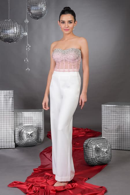 Talking Threads_Pink Tulle Pearls, Crystals Off-shoulder Amor And Embellished Corset _Online_at_Aza_Fashions
