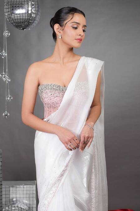 Talking Threads_Pink Tissue, Organza, Tulle Pearls, Crystals Amor Embellished Saree With Corset _Online_at_Aza_Fashions