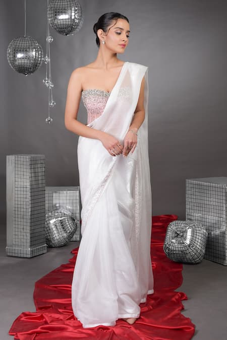 Buy_Talking Threads_Pink Tissue, Organza, Tulle Pearls, Crystals Amor Embellished Saree With Corset _Online_at_Aza_Fashions