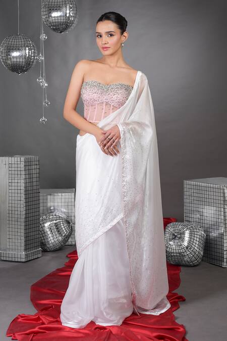 Shop_Talking Threads_Pink Tissue, Organza, Tulle Pearls, Crystals Amor Embellished Saree With Corset _Online_at_Aza_Fashions