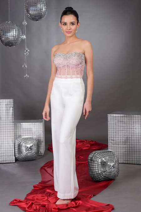 Talking Threads Pink Corset Tulle Embellished Crystals Off Amor And Pearl With Pant  