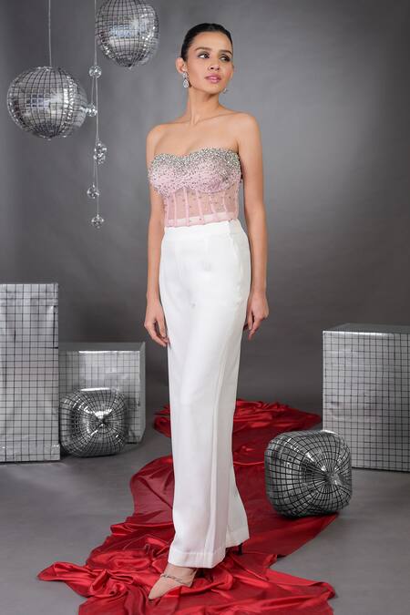 Shop_Talking Threads_Pink Tulle, Crepe Pearls, Crystals Off-shoulder And Embellished Corset Pant Set _Online_at_Aza_Fashions