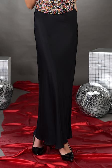 Buy_Talking Threads_Multi Color Tulle, Crepe Crystals Off-shoulder Mosaic Corset And Black Skirt Set _Online_at_Aza_Fashions