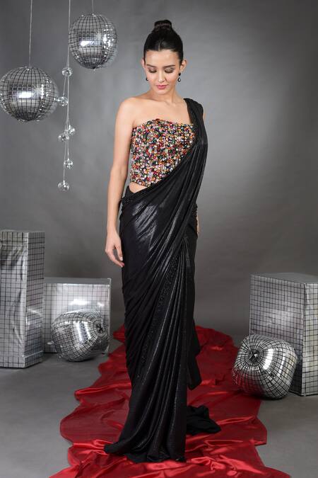 Buy_Talking Threads_Multi Color Leatherette, Gemma Cutdana Border Embellished Saree With Corset _Online_at_Aza_Fashions