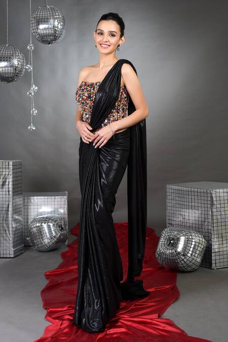 Shop_Talking Threads_Multi Color Leatherette, Gemma Cutdana Border Embellished Saree With Corset _Online_at_Aza_Fashions