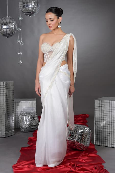 Talking Threads Pearl Border Embellished Saree With Corset 