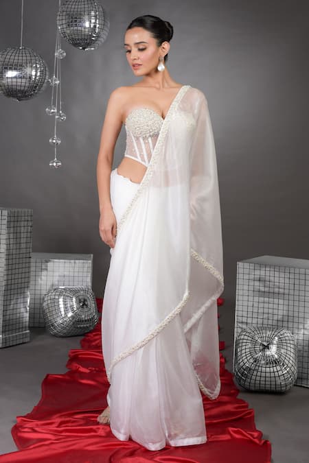 Talking Threads White Organza Pearls, Beads Off-shoulder Border Embellished Saree With Corset Online at Aza Fashions Talking Threads_White Organza Pearls, Beads Off-shoulder Border Embellished Saree With Corset _Online_at_Aza_Fashions