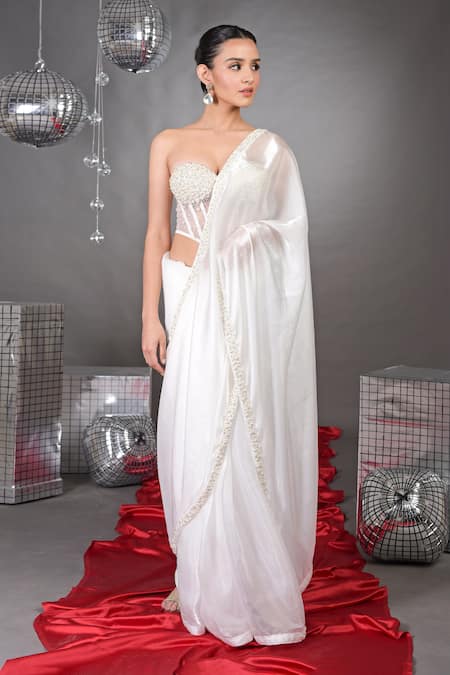 Buy Talking Threads White Organza Pearls, Beads Off-shoulder Border Embellished Saree With Corset Online at Aza Fashions Buy_Talking Threads_White Organza Pearls, Beads Off-shoulder Border Embellished Saree With Corset _Online_at_Aza_Fashions