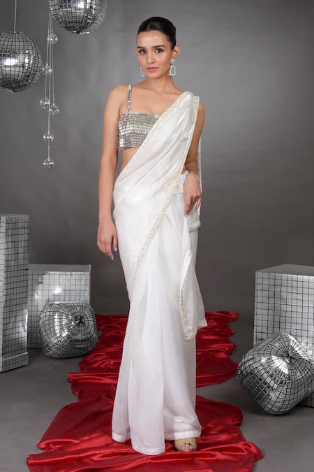 Talking Threads White Organza Embellished Border Saree With Diamante Crystal Bustier  