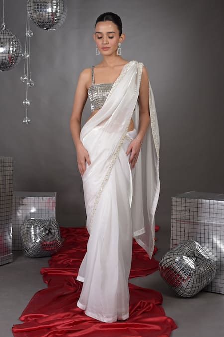Talking Threads_White Organza Pearls, Beads, Diamonds Border Saree With Diamante Crystal Bustier _Online_at_Aza_Fashions