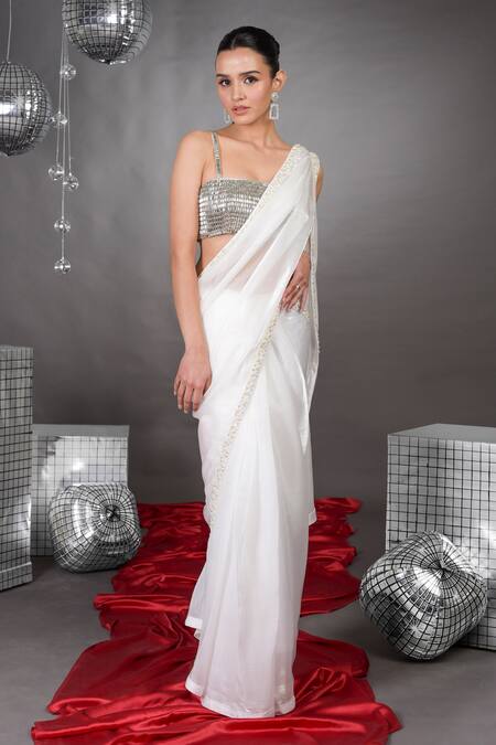Buy_Talking Threads_White Organza Pearls, Beads, Diamonds Border Saree With Diamante Crystal Bustier _Online_at_Aza_Fashions