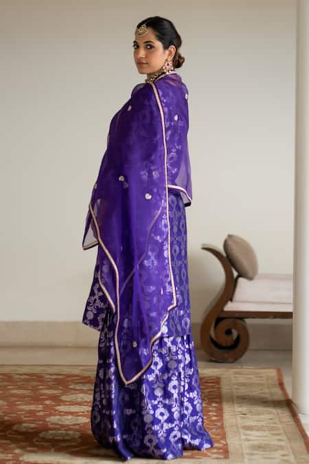 Shop_Sobariko_Purple Silk Embroidery V-neck Jaal Weave Kurta Sharara Set _at_Aza_Fashions