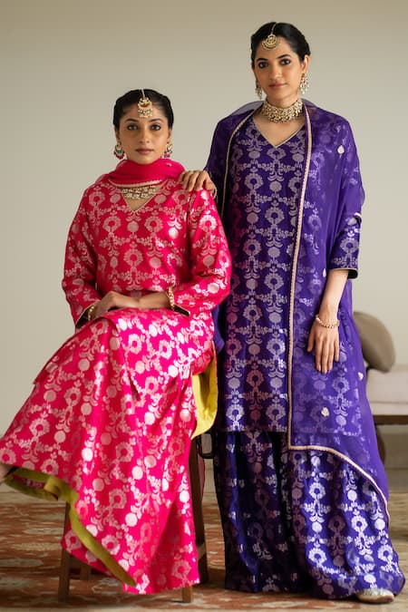 Sobariko_Purple Silk Embroidery V-neck Jaal Weave Kurta Sharara Set _Online_at_Aza_Fashions
