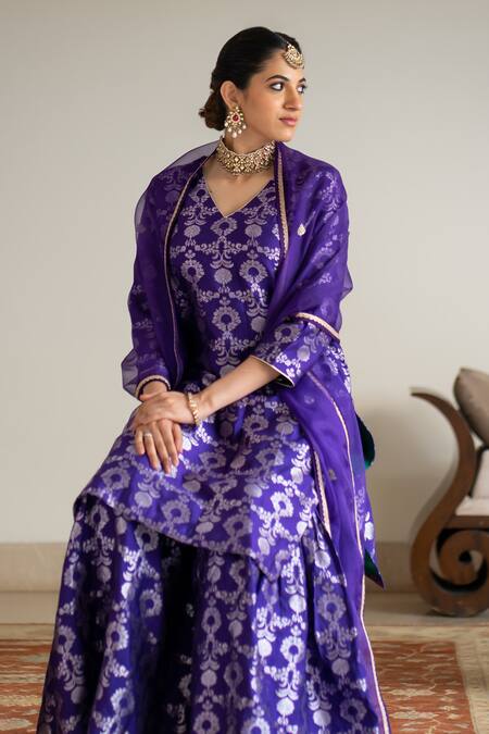 Buy_Sobariko_Purple Silk Embroidery V-neck Jaal Weave Kurta Sharara Set _Online_at_Aza_Fashions